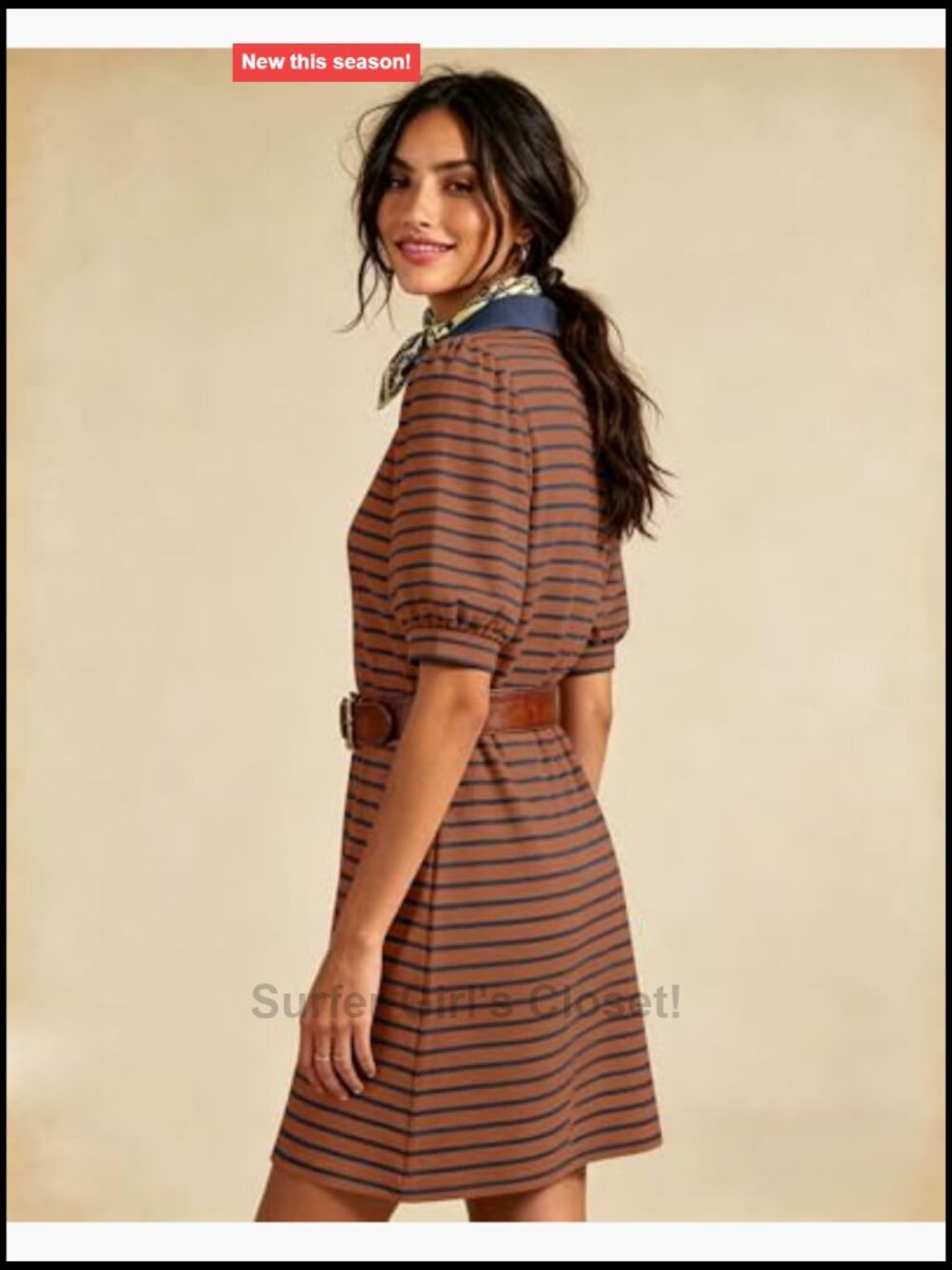 Striped V Neck Puff Short Sleeve A-Line Dress with Pockets - Picture 6 of 7